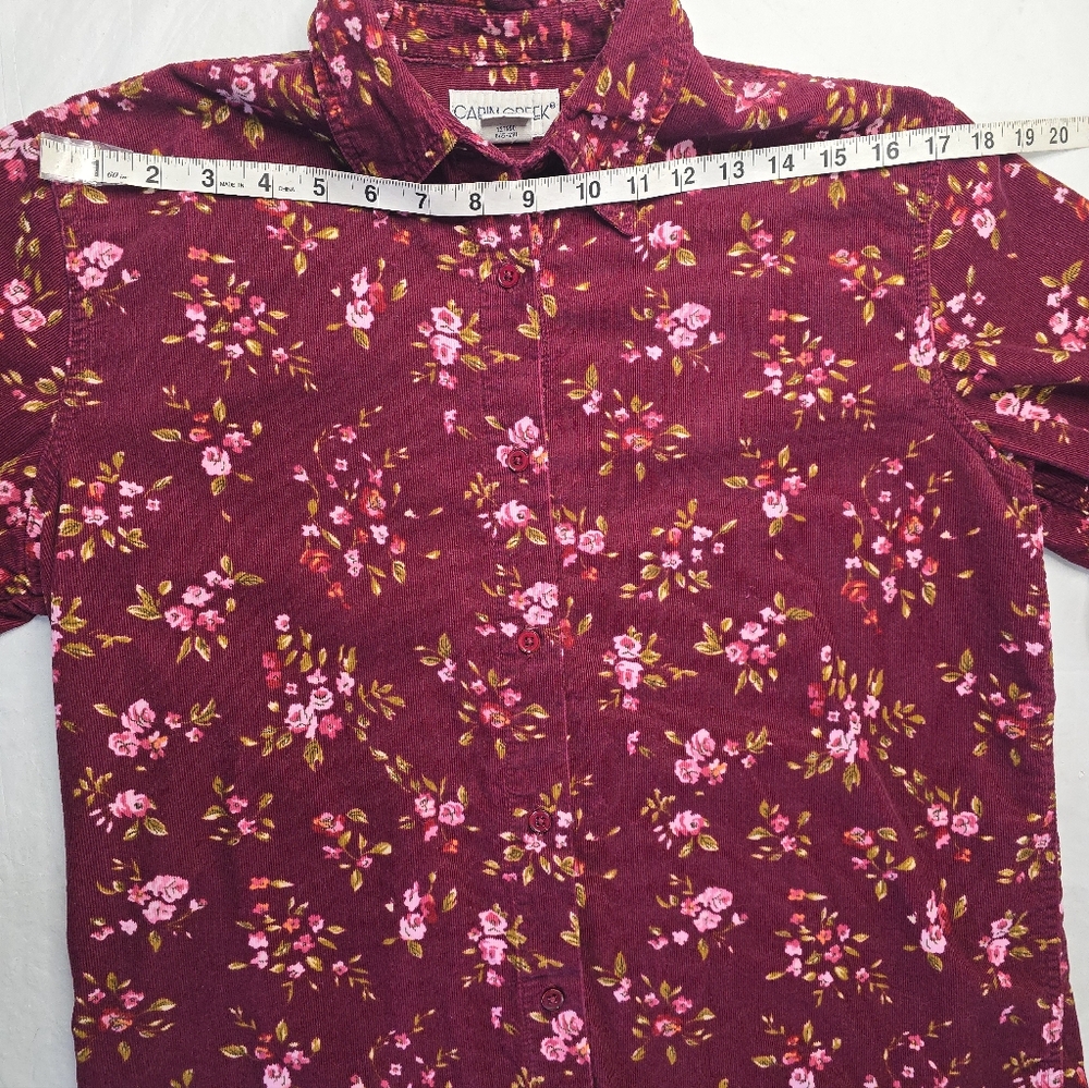 Cabin Creek Floral Corduroy Shirt Burgundy Cotton Button Up Cottagecore M - Picture 9 of 12